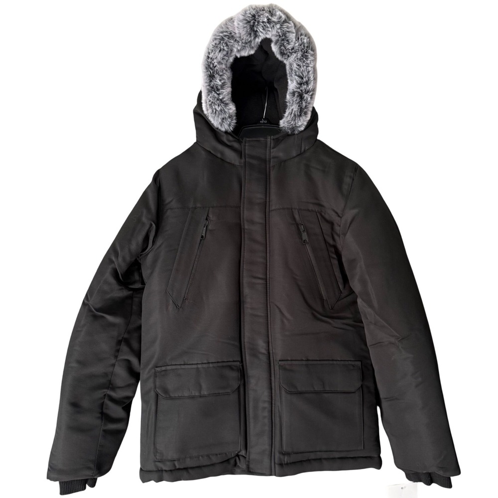 Falls Creek Kids Girls L 10/12 Parka Black Faux Fur Hood Insulated Winter Coat